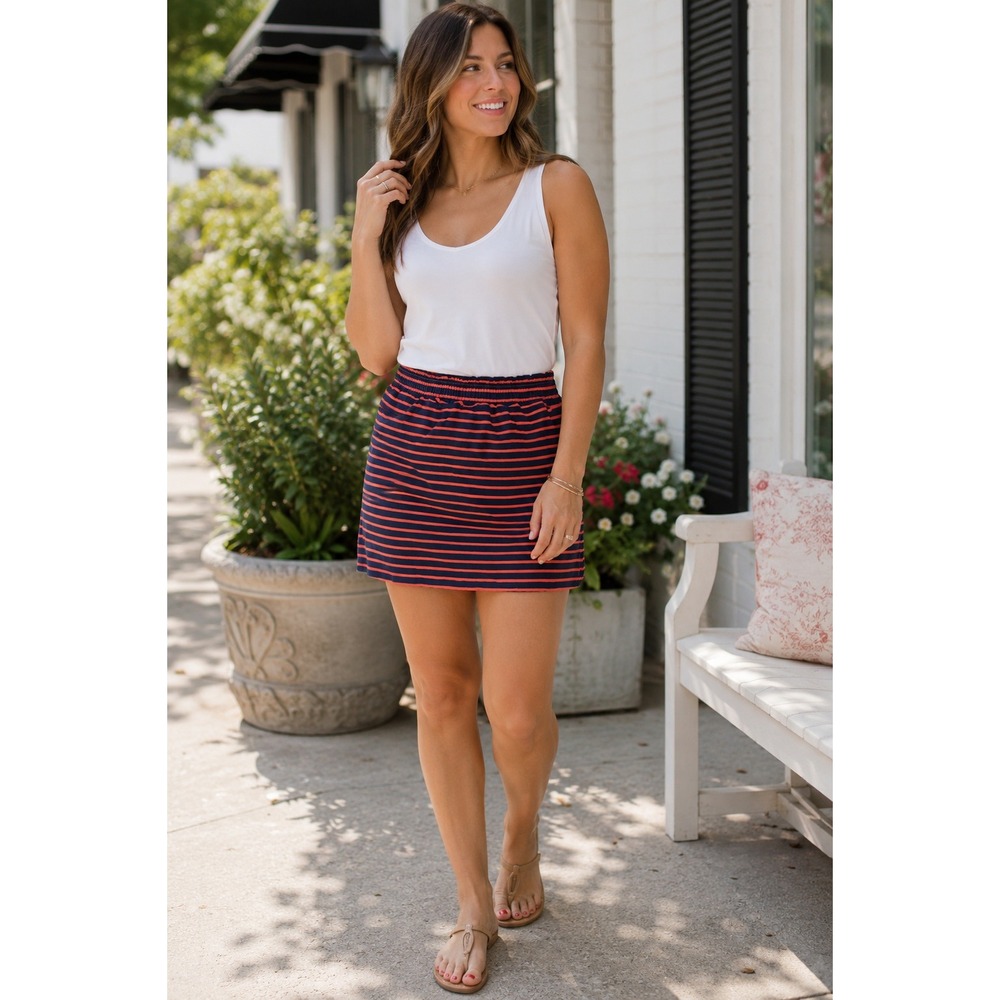 J.Crew Womens Navy Orange Striped Linen Cotton Mini Skirt Elastic Waist 10 42251